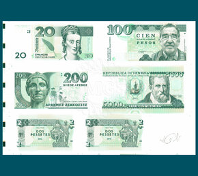 20 Mark/100 Pesos/200 Drachmas/5000 Lire/2 Pessetes